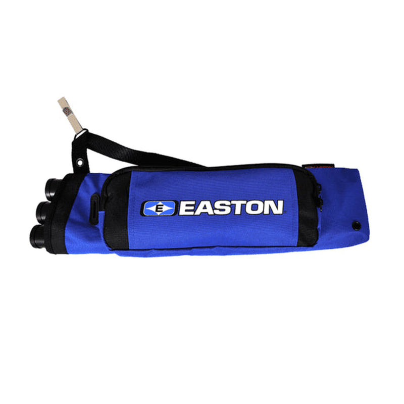Blue Easton archery quiver with arrows on a white background