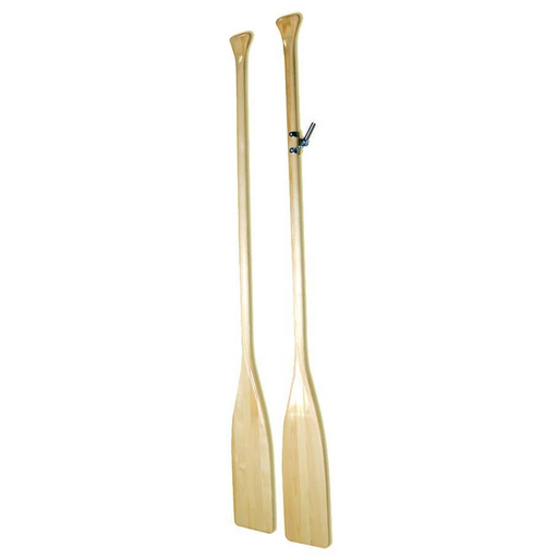 Two wooden paddles with an oarlock on a white background.