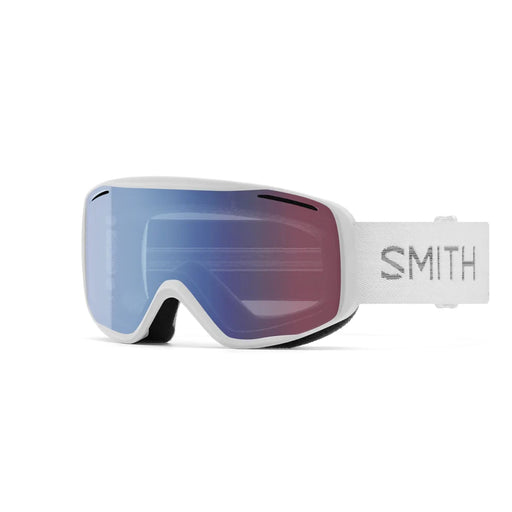 Smith snow goggles with a white frame and reflective lens on a white background
