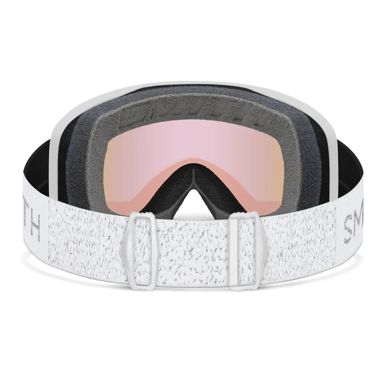 Snow goggles with pink lenses and white frame on a white background