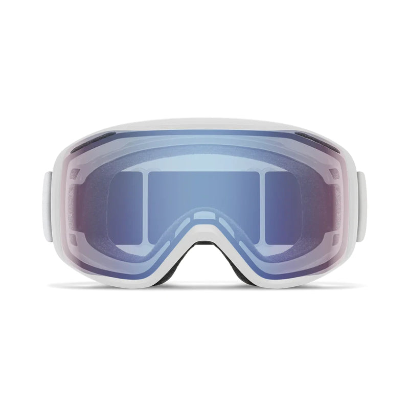 White goggles with blue-tinted lenses on a white background