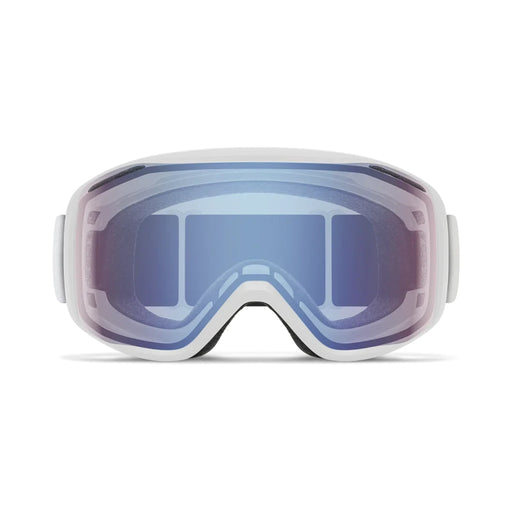 White goggles with blue-tinted lenses on a white background