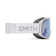 Smith goggles with a white frame and blue lens on a white background