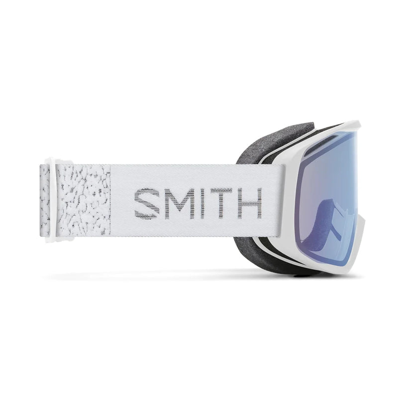 Smith goggles with a white frame and blue lens on a white background