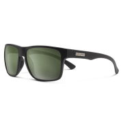 Black rimmed sunglasses with dark green tinted lenses on a white background.