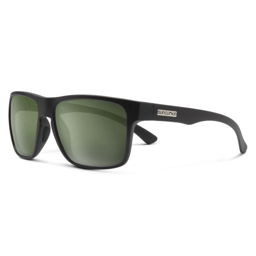 Black rimmed sunglasses with dark green tinted lenses on a white background.