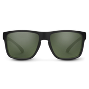 Black rimmed sunglasses with dark green tinted lenses on a white background.