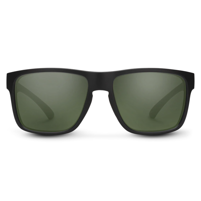 Black rimmed sunglasses with dark green tinted lenses on a white background.