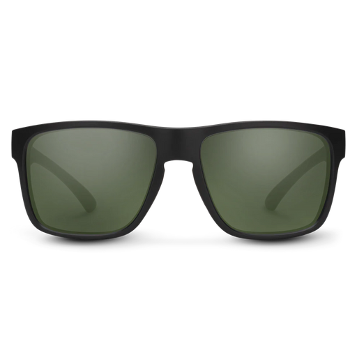Black rimmed sunglasses with dark green tinted lenses on a white background.