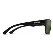 Side view of a pair of black rimmed sunglasses with dark green tinted lenses on a white background.