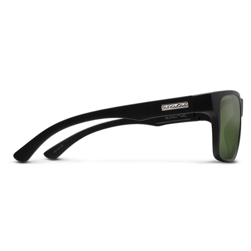 Side view of a pair of black rimmed sunglasses with dark green tinted lenses on a white background.