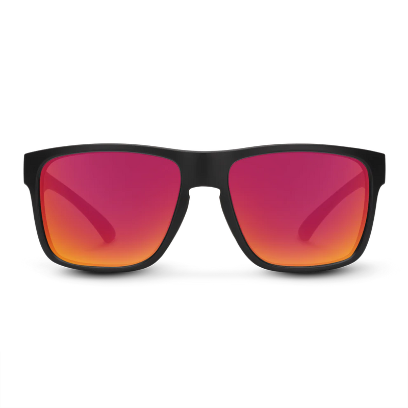A pair of black sunglasses with red lenses on a white background