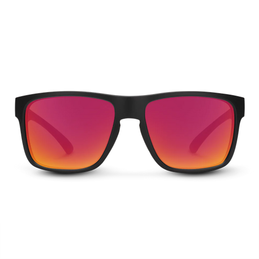 A pair of black sunglasses with red lenses on a white background