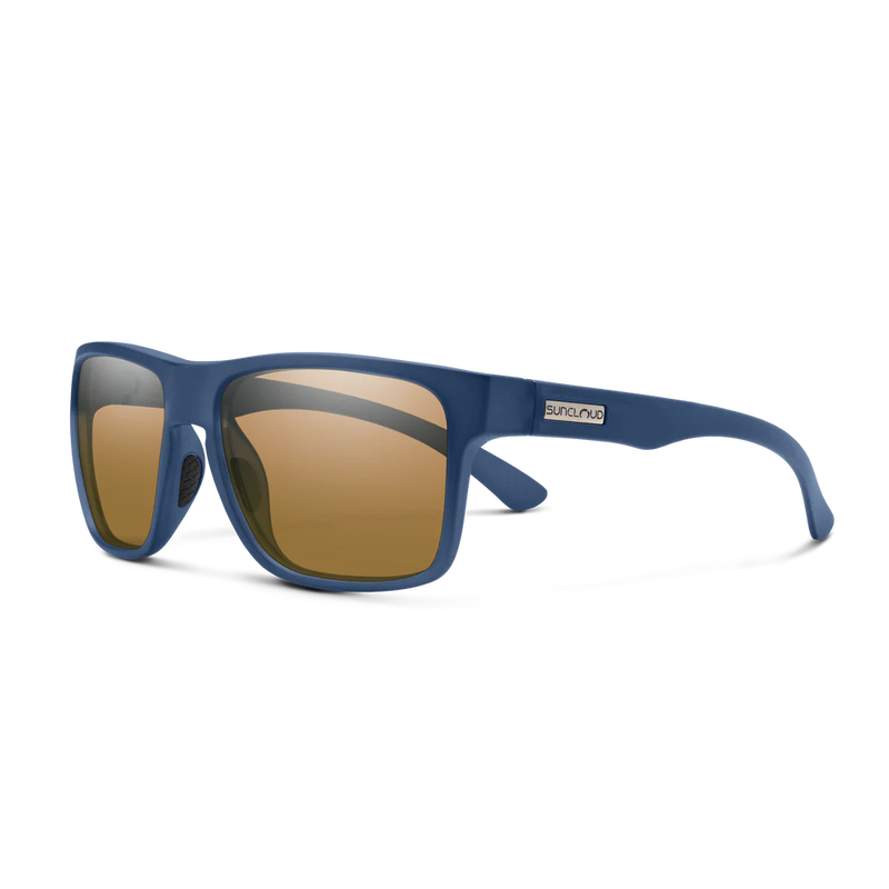 A pair of blue glasses with brown lenses on a white background