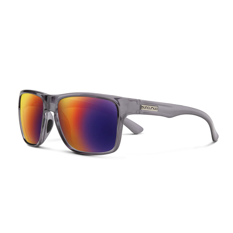 A pair of gray glasses with multicolored lenses on a white background