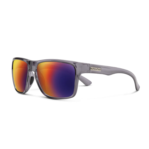 A pair of gray glasses with multicolored lenses on a white background
