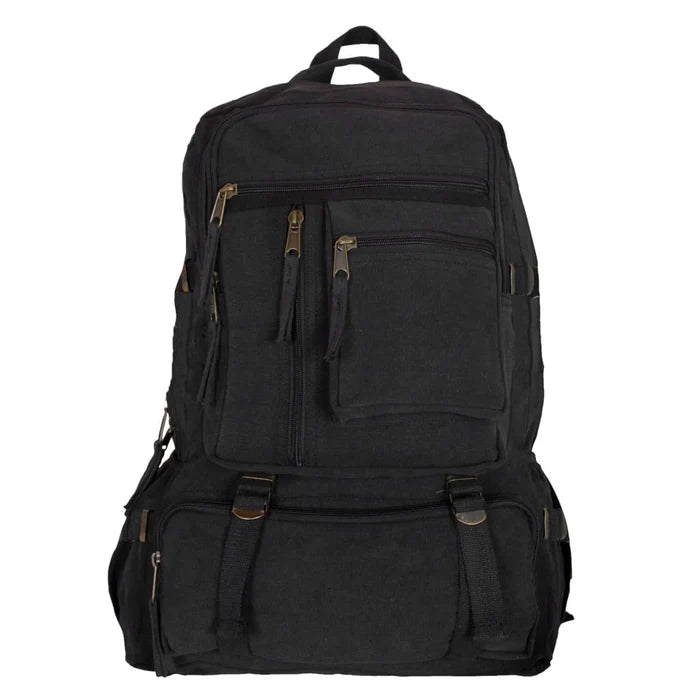 Front view of a black backpack with multiple compartments against a white background. 