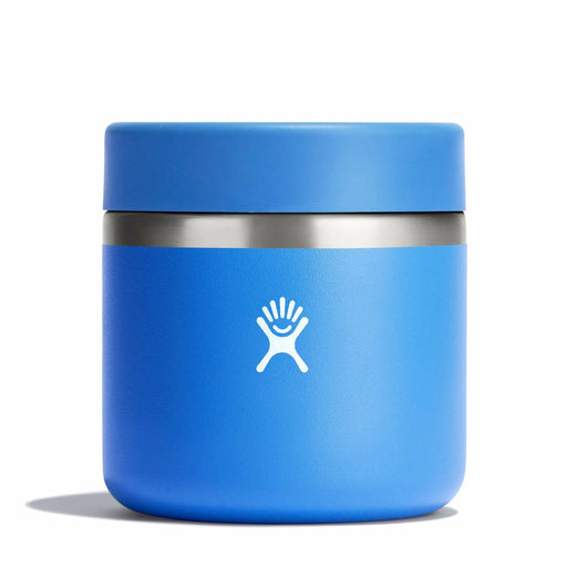 A blue insulated food jar with a matching blue lid and a silver stainless steel band, featuring the white Hydro Flask logo on the front, set against a plain white background.