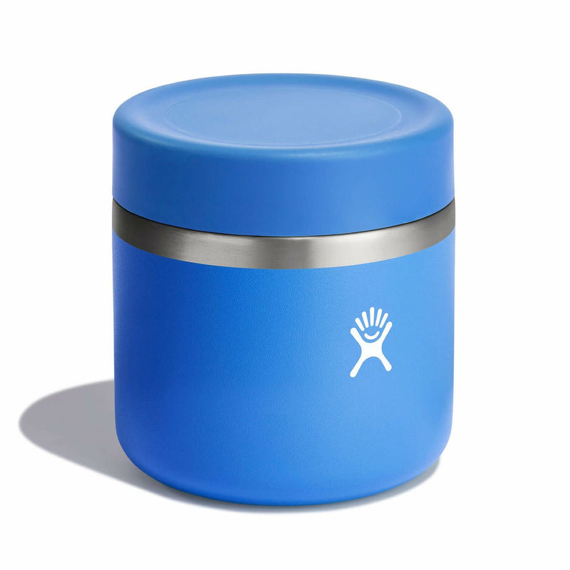 Blue thermos with silver band and logo on a white background