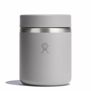 Gray insulated food jar with silver lid on a white background