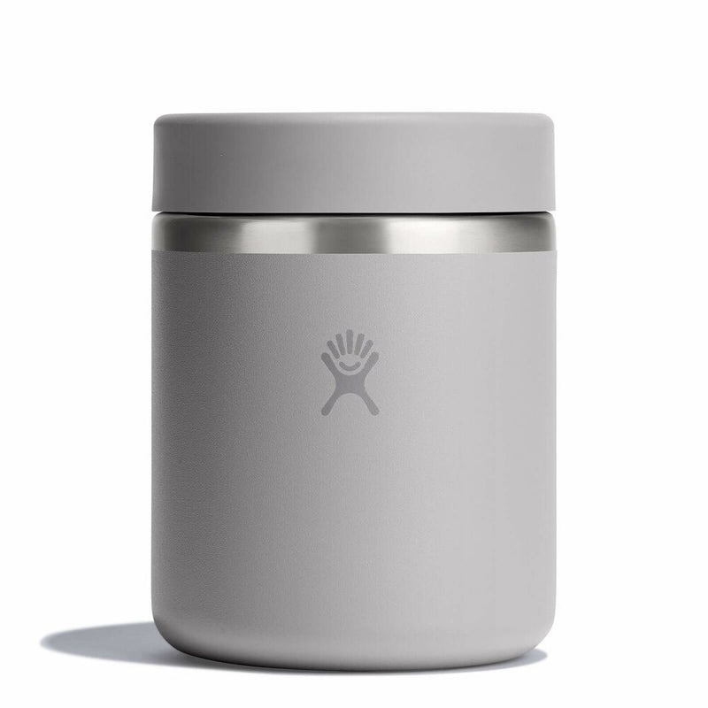 Gray insulated food jar with silver lid on a white background