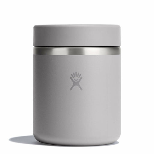 Gray insulated food jar with silver lid on a white background