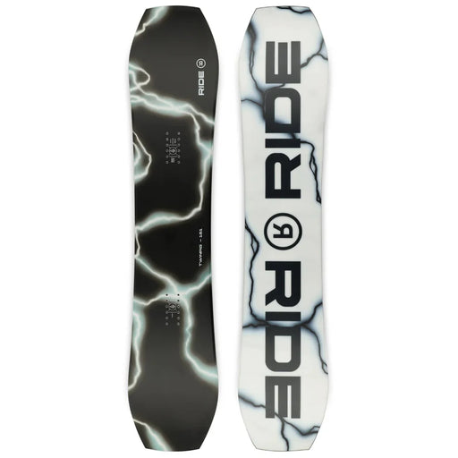 Top and bottom view of a snowboard featuring a black side with a lightning motif and a white side with the word "ride" on a white background.