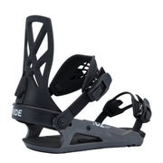 Black snowboard binding on a white background
