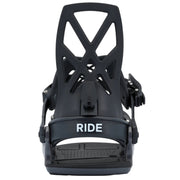 Black snowboard binding with 'RIDE' branding on a white background