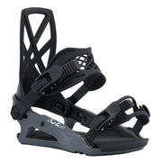 Black snowboard binding on a white background