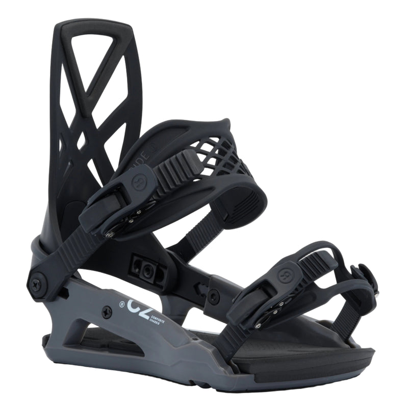 Black snowboard binding on a white background