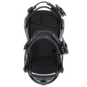 Black snowboard bindings on a white background