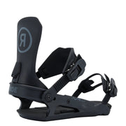 Black snowboard binding with Ride logo on a white background