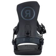 Black snowboard binding with 'RIDE' branding on a white background