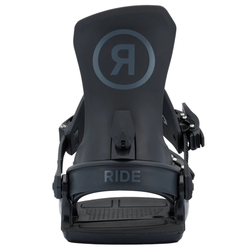 Black snowboard binding with 'RIDE' branding on a white background