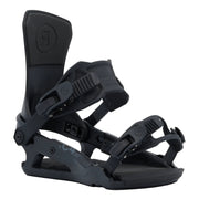 Black snowboard binding on a white background