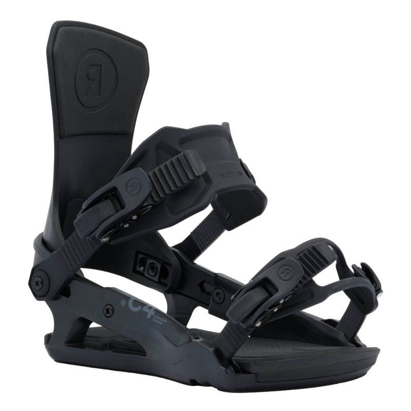 Black snowboard binding on a white background