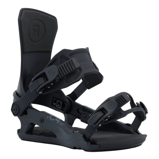 Black snowboard binding on a white background