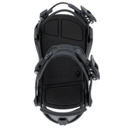 Black snowboard bindings on a white background
