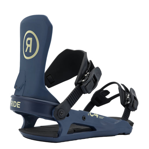 Blue snowboard binding with black straps on a white background