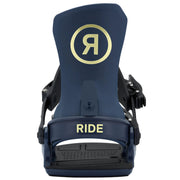 Blue snowboard binding with 'RIDE' branding on a white background