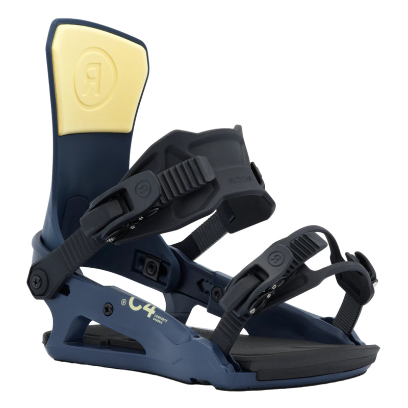 Blue and black snowboard binding with yellow accent on a white background