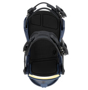 Pair of blue and black snowboard bindings on a white background