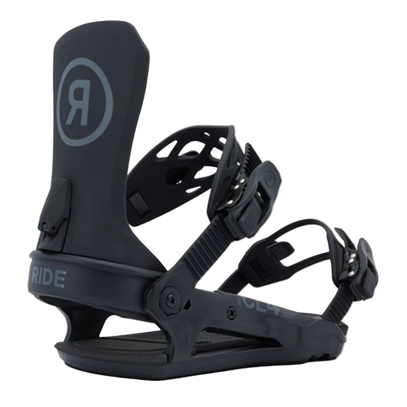 Black snowboard binding with 'Ride' logo on a white background