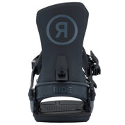 Black snowboard binding with 'RIDE' branding on a white background