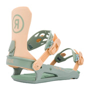 Pair of green and peach snowboard bindings on a white background