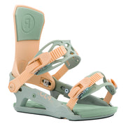 Green and peach snowboard bindings on a white background