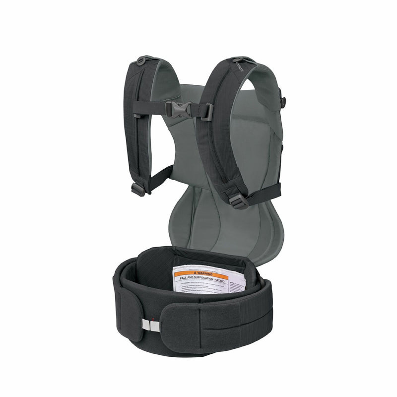 Baby carrier with black straps and gray back panel on a white background