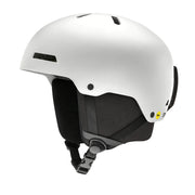 White helmet with black interior and straps on a white background