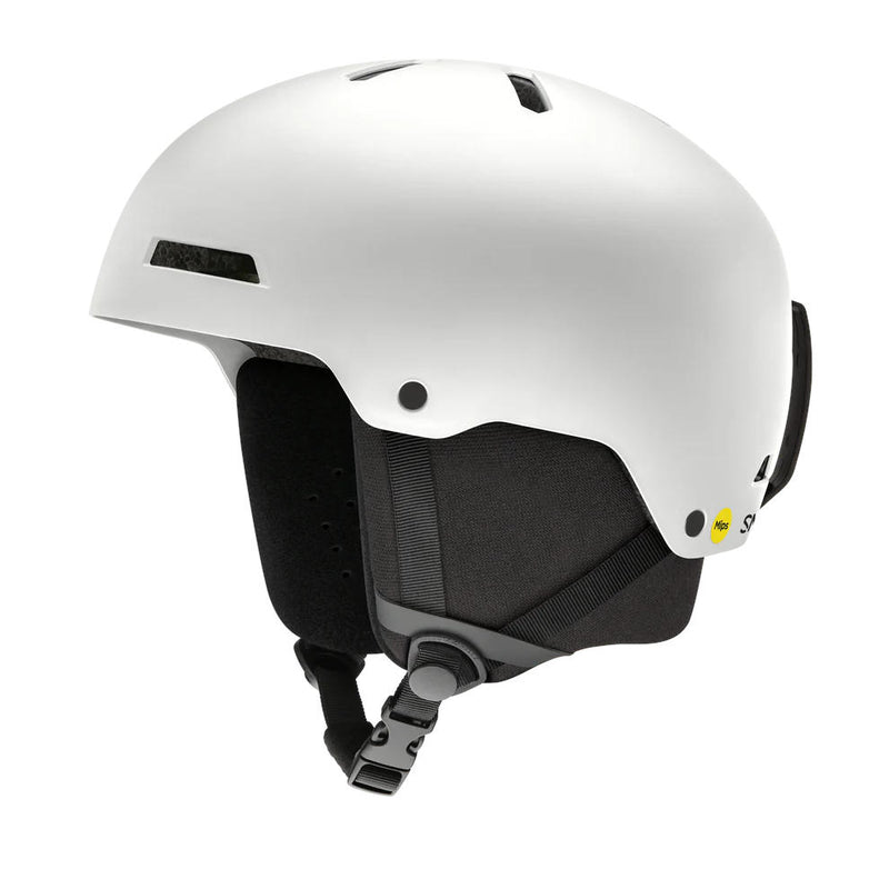 White helmet with black interior and straps on a white background